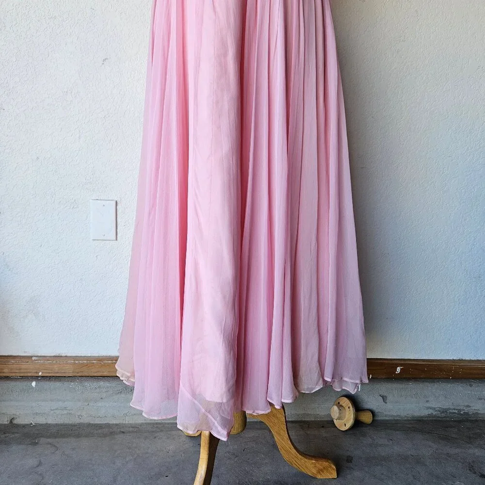 Vintage 60s 70s Light Pink Chiffon Princess Cocktail Evening Dress Gown L Large - Picture 5 of 14